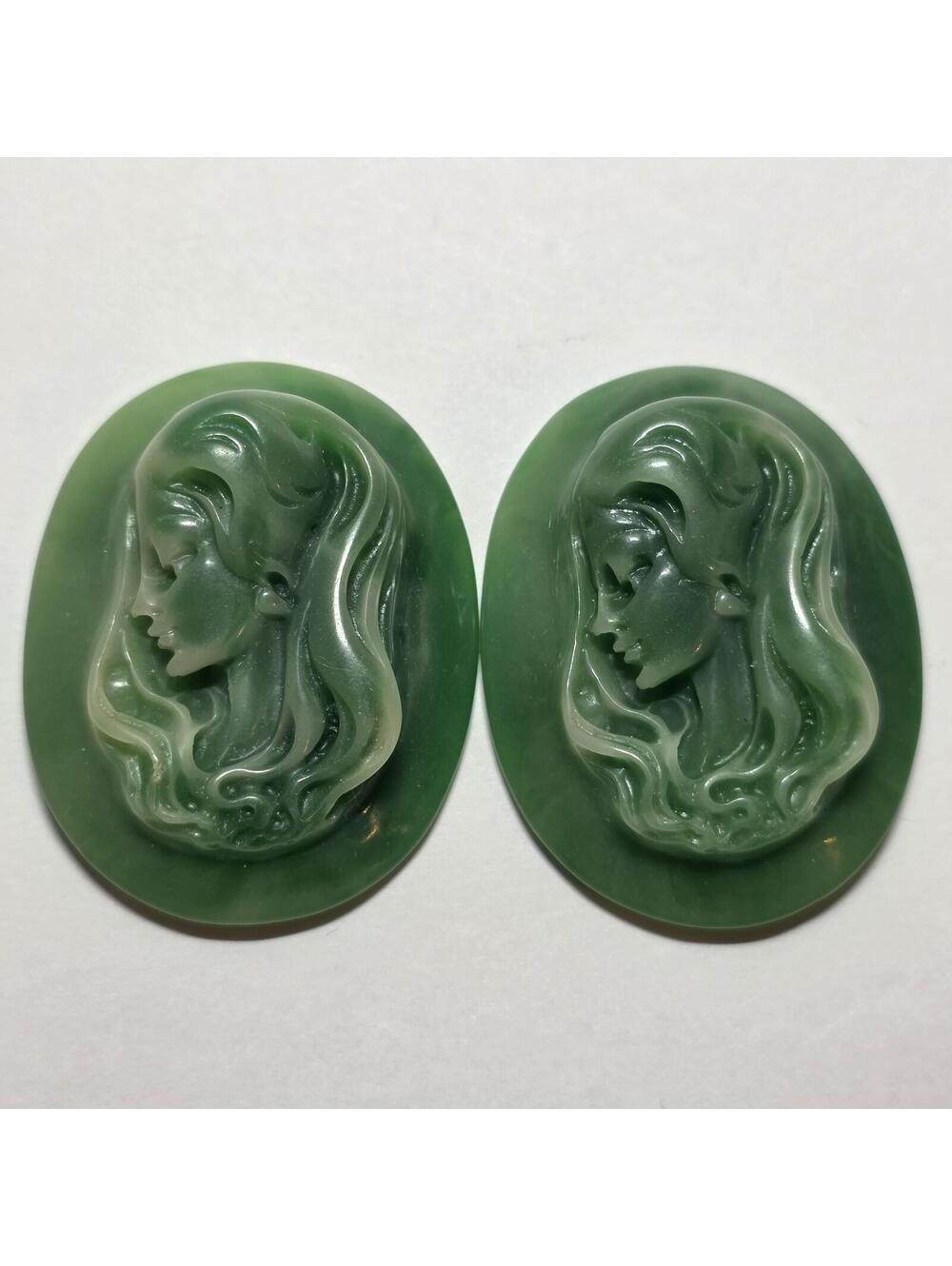 Lot of 2 Large Art Nouveau Style Lady Profile Cabochons Green Resin EUC